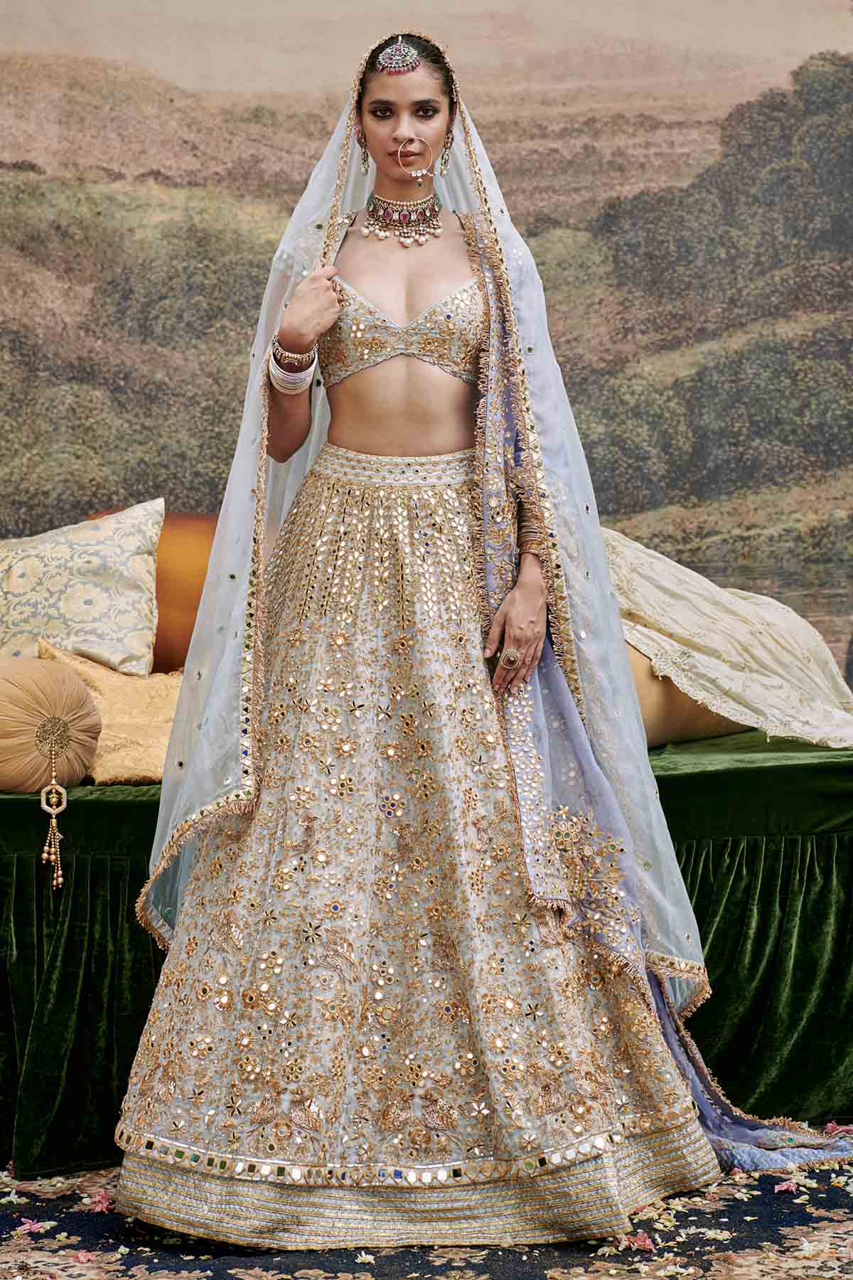 Buy ITRH, Designer Blue Mirror Lehenga Set & Veil Online